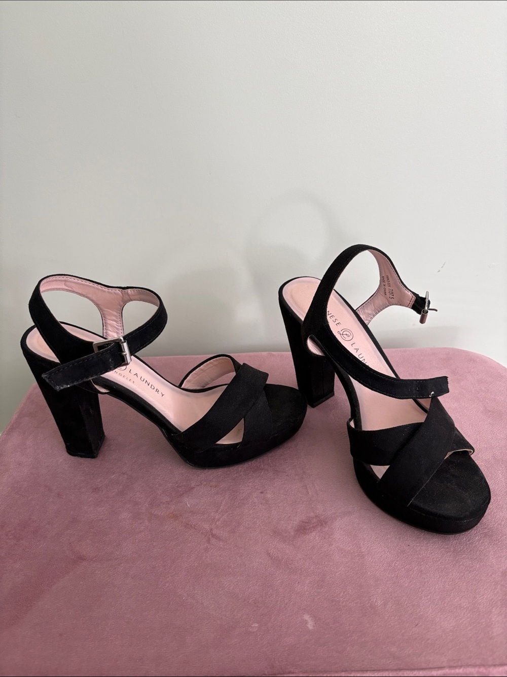 Chinese Laundry Black Suede Platform Block Heel Sandals